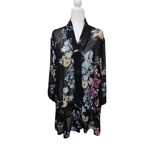 helena Quinn Georgette Kimono Coverup Sheer Black Floral One Size Fits All